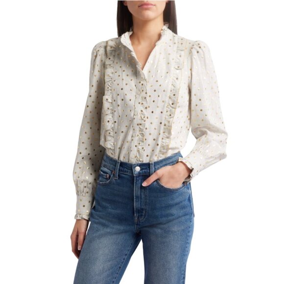 Boden Tops - Boden Isla Frill Metallic Dot Shirt Blouse Womens 6 Gray Gold Long Sleeve Ruffle